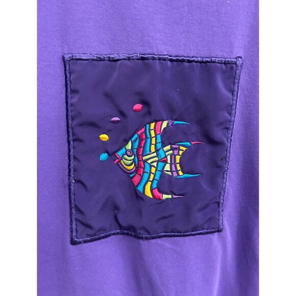Handcrafted Purple Cotton T Shirt With Colorful Fish Embroidery Patch Design - Picture 4 of 8